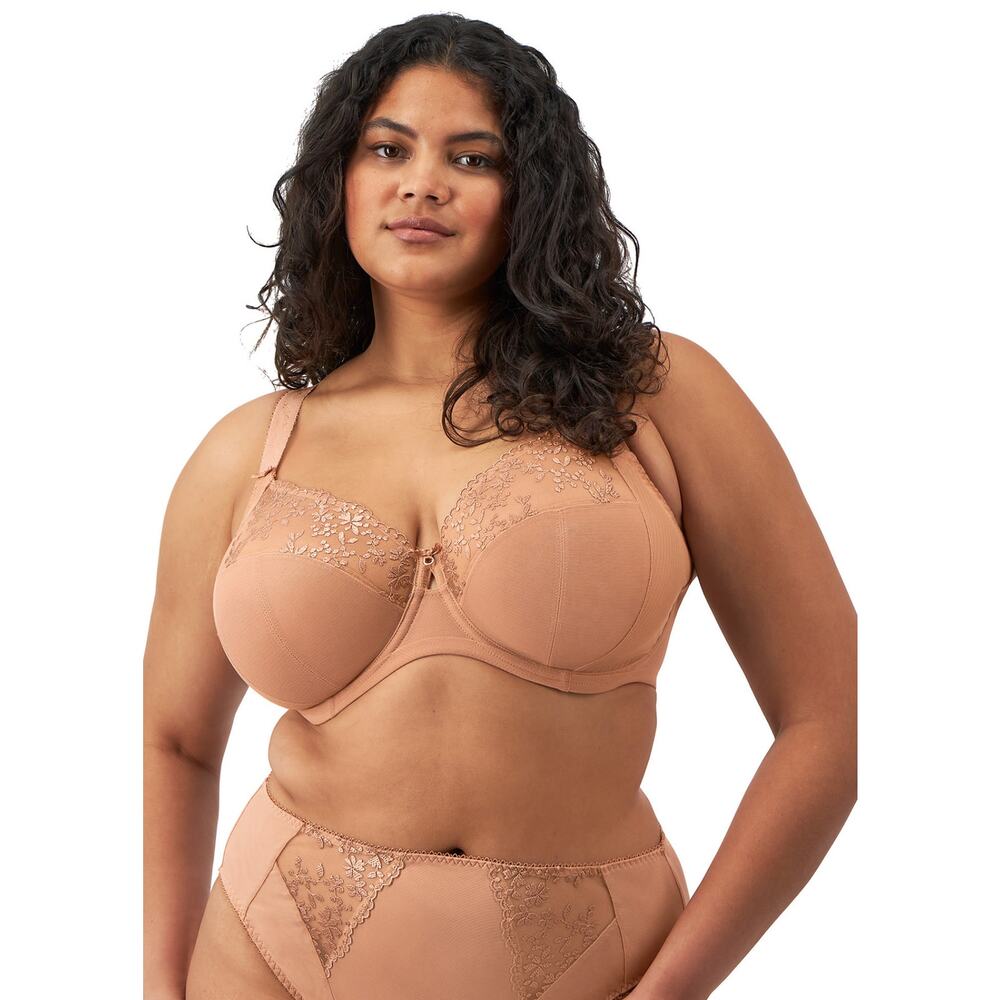 NWOT Elomi Zarla Stretch Banded Bra Embroidered Lace Café Au Lait Tan 36O